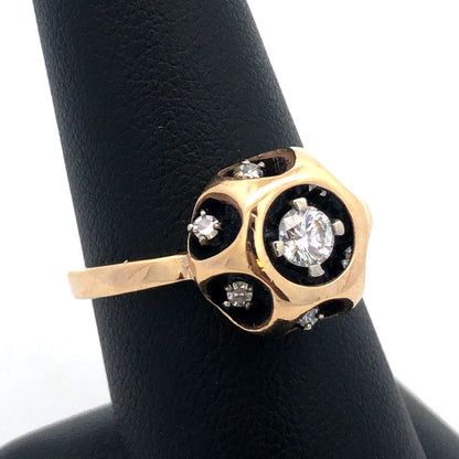 14K Yellow Gold Designer NW  Round Diamond Black Enamel Modernist Round Ring