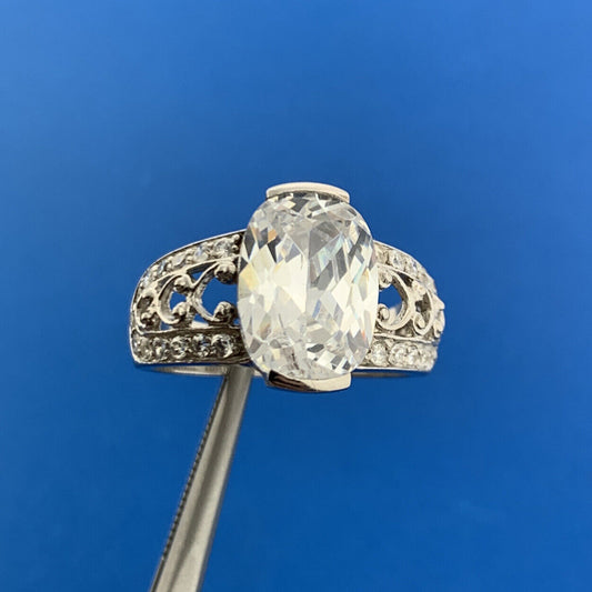 Estate Sterling Silver Oval Cubic Zirconia CZ Solitaire w/Accents Statement Ring