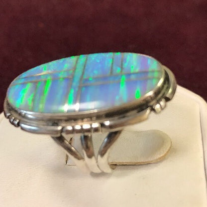 Navajo James Shay JS Sterling Silver 925 Oval Fire Opal Inlay Statement Ring