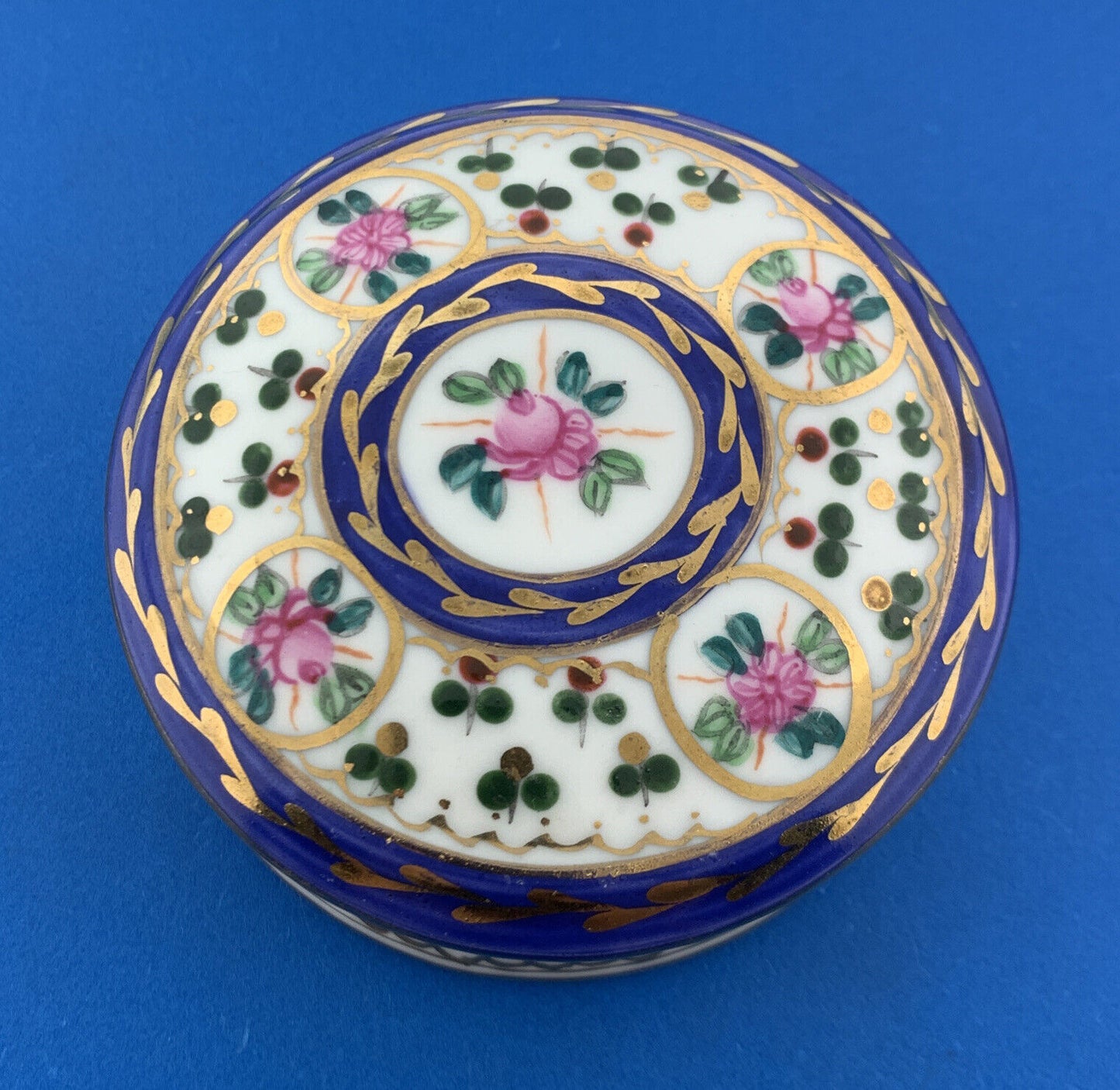 Vintage Griffe Hand Painted Floral Motif Italian Porcelain Round Trinket Box