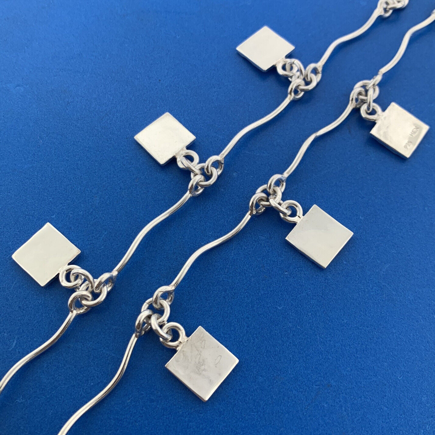 Stunning Mexican Sterling Silver 925 Hammered Square Dangle Charm 17" Necklace