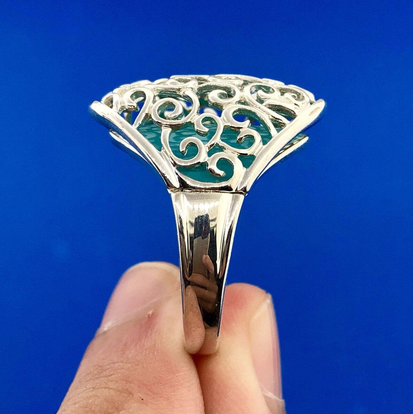 Designer 925 Sterling Silver Aqua Enamel Swirl Scroll Open Work Statement Ring