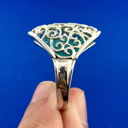 Designer 925 Sterling Silver Aqua Enamel Swirl Scroll Open Work Statement Ring