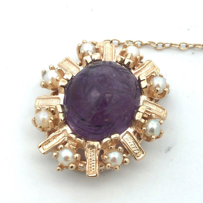 Estate 14K Yellow Gold Oval Carved Amethyst Scarab Pearl Slide Bracelet Clasp