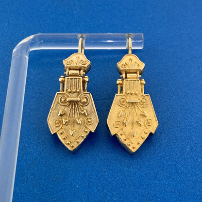 Estate 14K Yellow Gold Scroll And Heart Statement Door Knocker Dangle Earrings