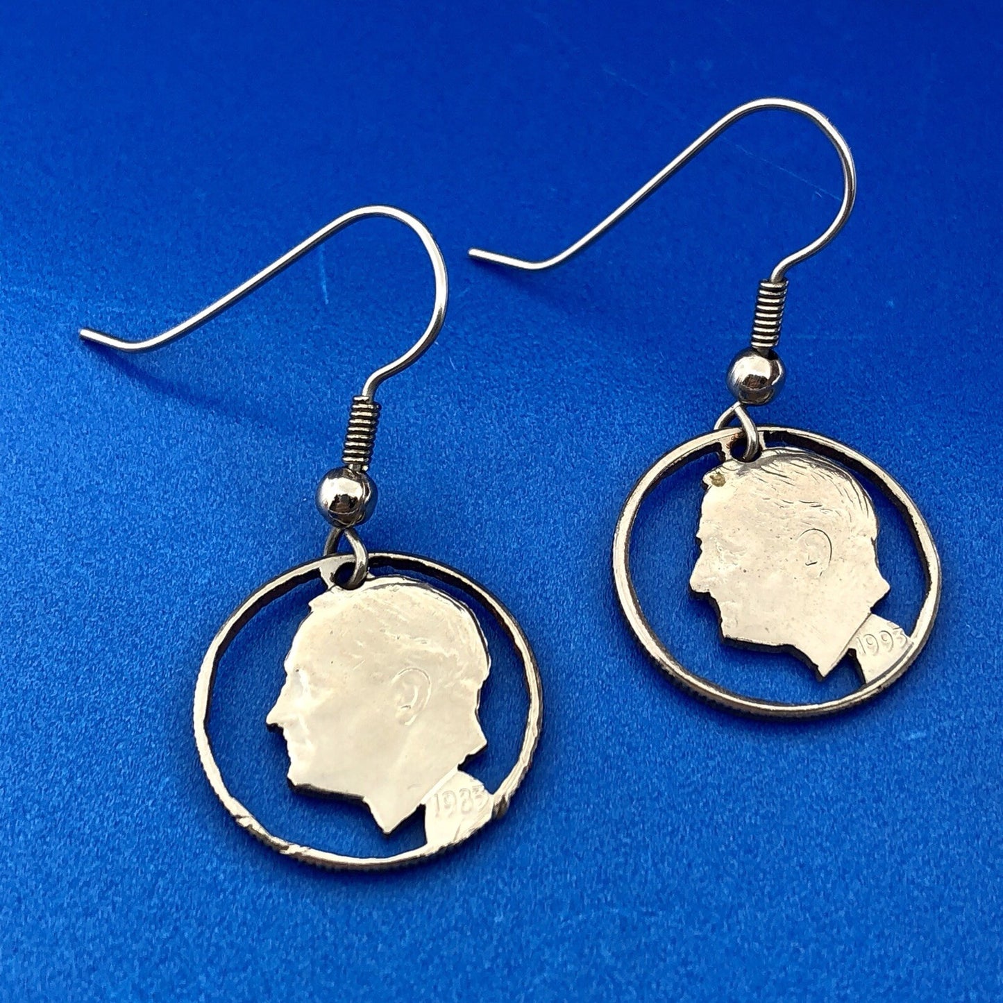 Estate Silver Tone Copper Nickel Roosevelt Dime Cutout Dangle Drop Earrings