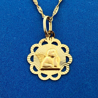 Designer Milor Italy 14K Yellow Gold Guardian Angel Sunburst Disc Necklace