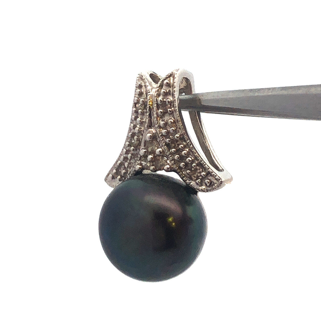 Retro 10K White Gold Black Tahitian Pearl Diamond Slide Charm Pendant