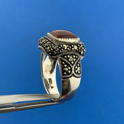 Designer 925 Sterling Silver Red Carnelian Marcasite Square Dome Ring