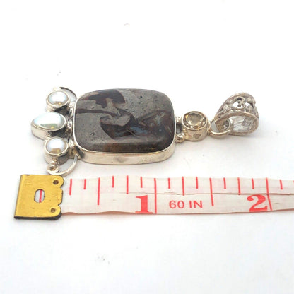 Vintage 925 Sterling Silver Grey Calsi Pearl White Amethyst Scroll Pendant