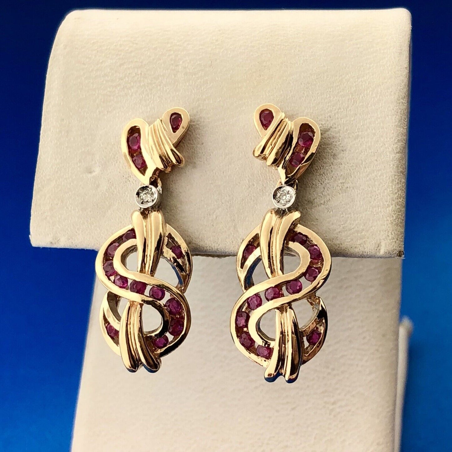 Designer 14K Yellow Gold Ruby Diamond Abstract Heart Inifinity Dangle Earrings