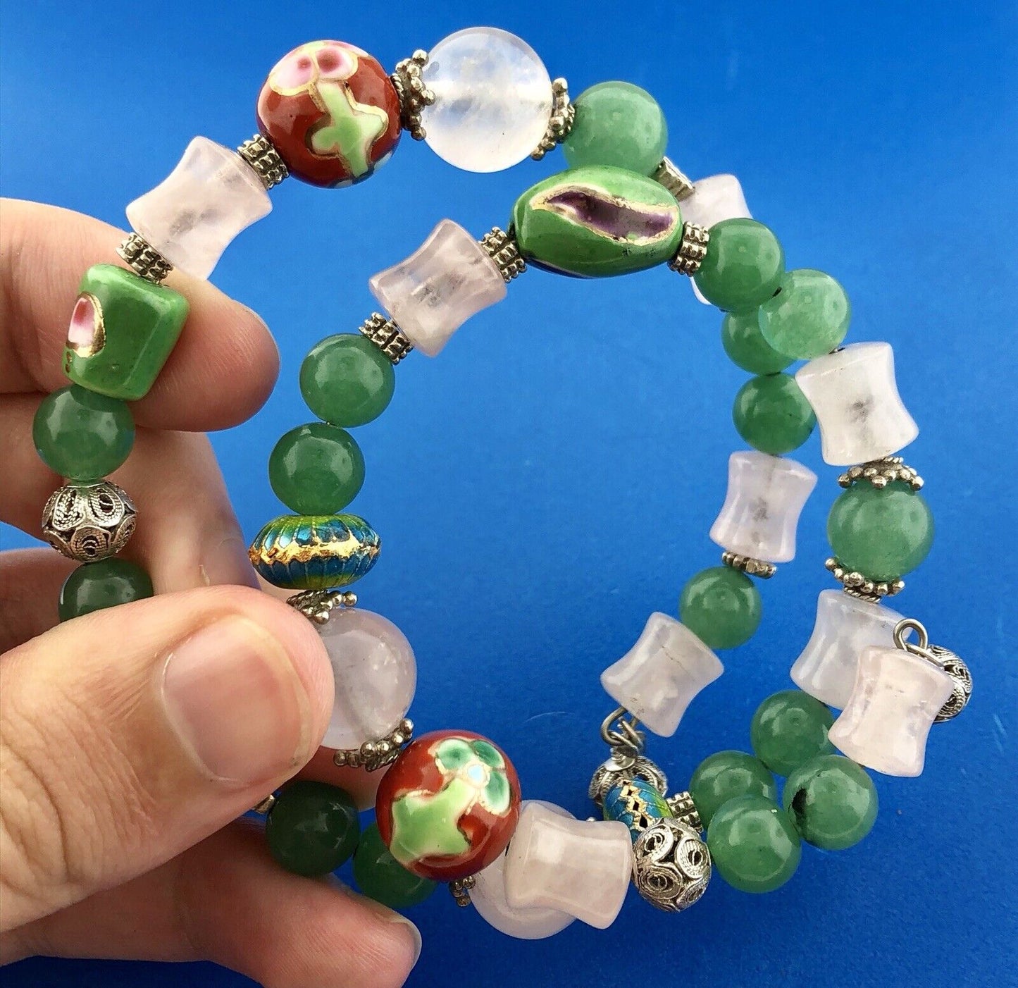 Sterling Silver Green Lavender Jade Ceramic Cloisonne Bead Three Wrap Bracelet