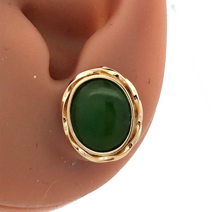 Estate 14K Yellow Gold Oval Green Jade Cabochon Ribbed Bezel Stud Earrings