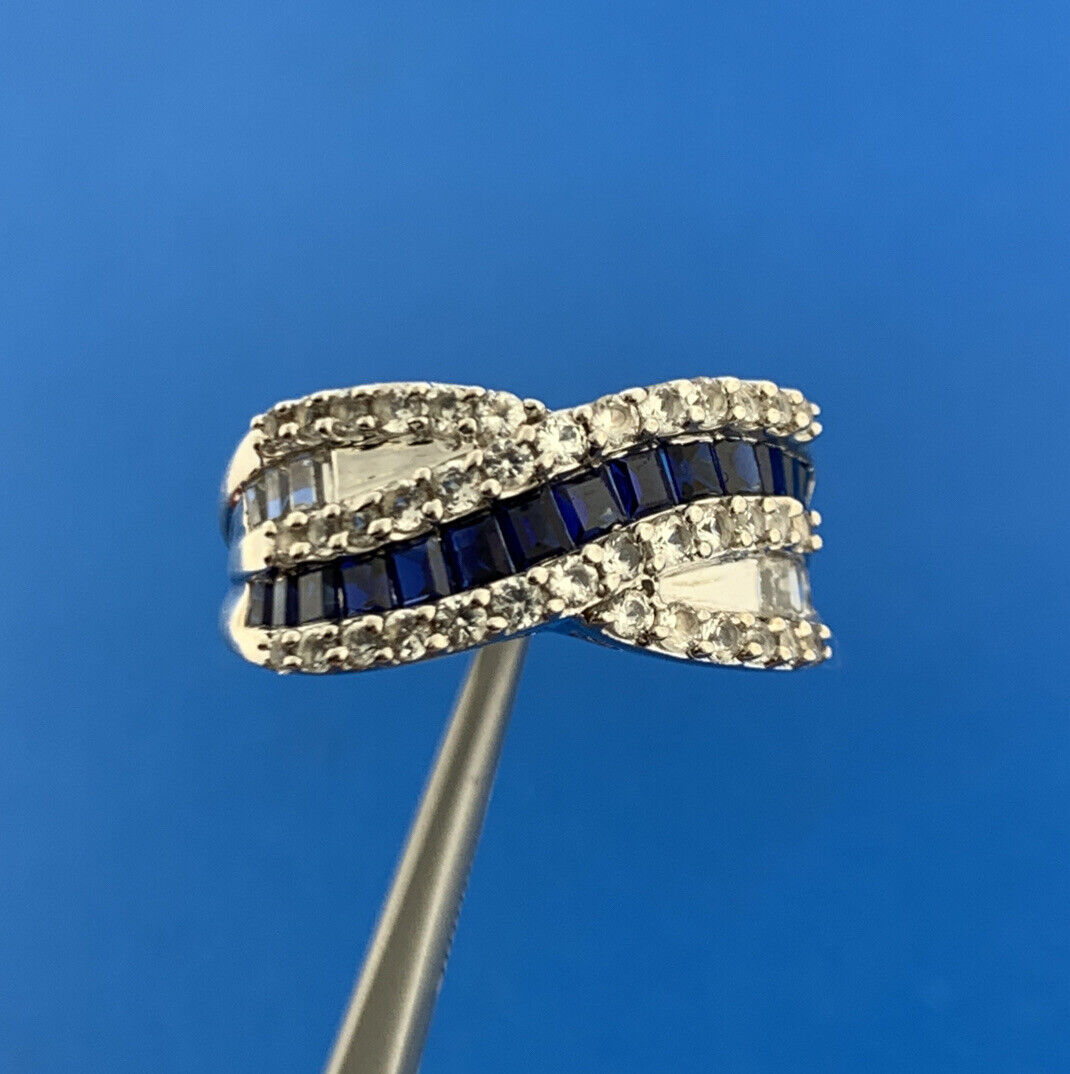 Designer JWBR Sterling Silver 925 Blue & White Sapphire Crossover Band Ring