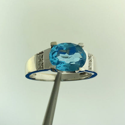 Gorgeous 14k White Gold Oval Cut Blue Topaz Diamond Accent Statement Ring Size 8