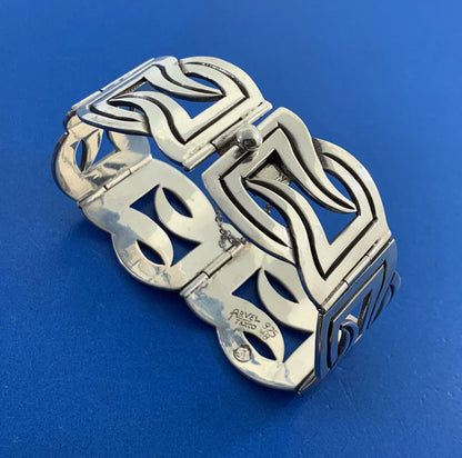 Vintage Taxco Arvel 925 Sterling Silver Modernist Wave Panel Cuff Bracelet