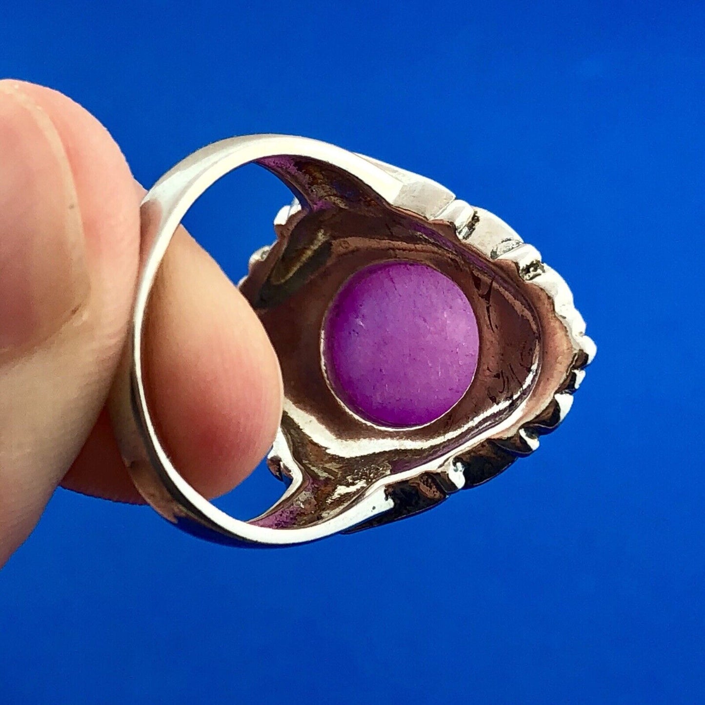 Vintage FAS Sterling Silver 925 Pink Tourmaline Cabochon Scroll Fashion Ring