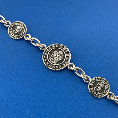 Vintage Taxco Mexico 925 Sterling Silver Aztec Design Medallion Toggle Bracelet