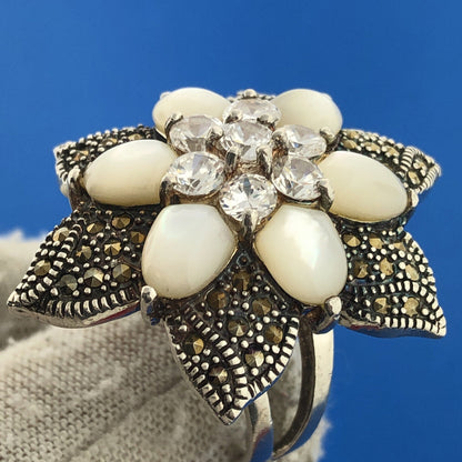 Sterling Silver FAS Cubic Zirconia CZ Moonstone Marcasite Flower Floral Ring
