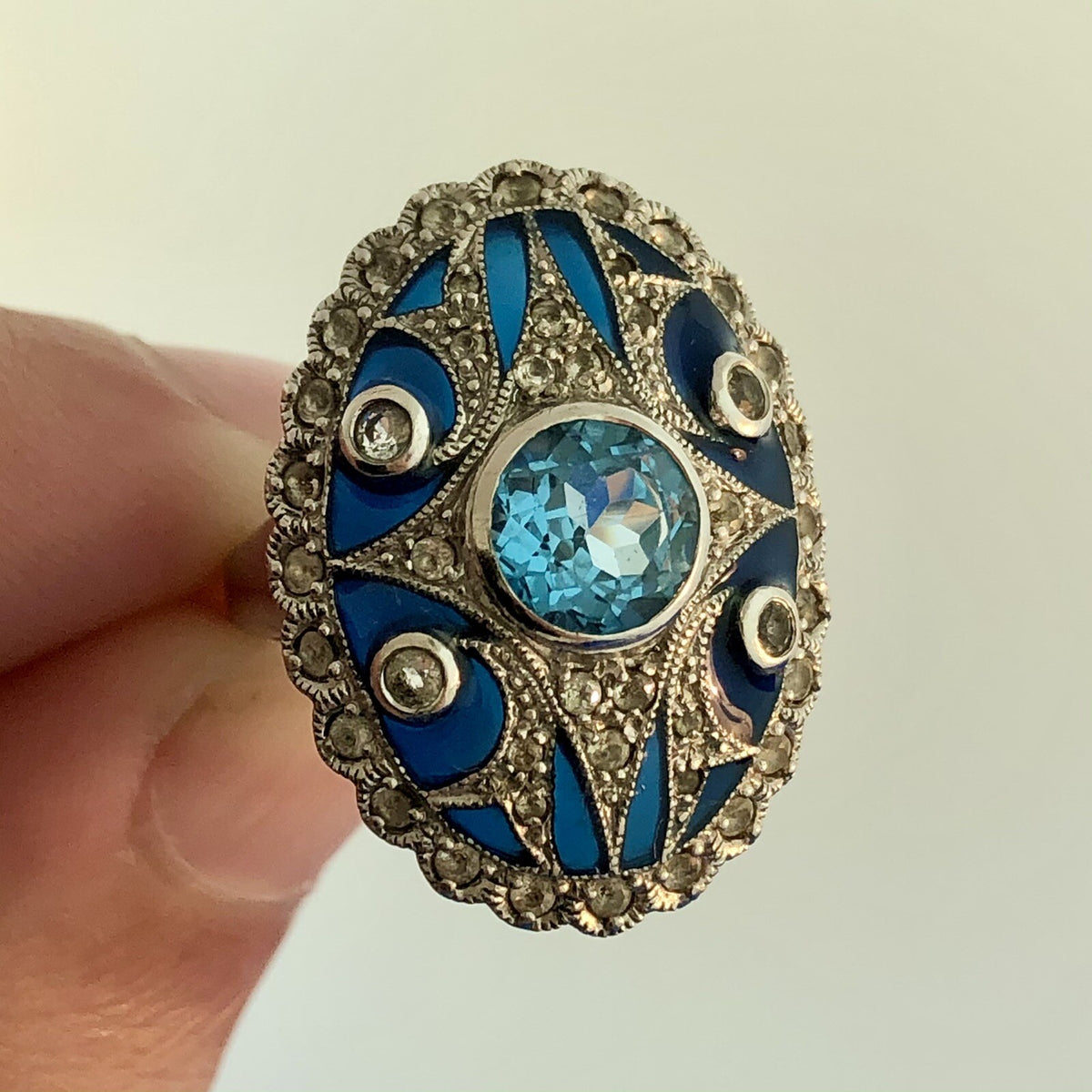 Designer Pd 925 Sterling Silver Blue Topaz White Amethyst Enamel Statement Ring