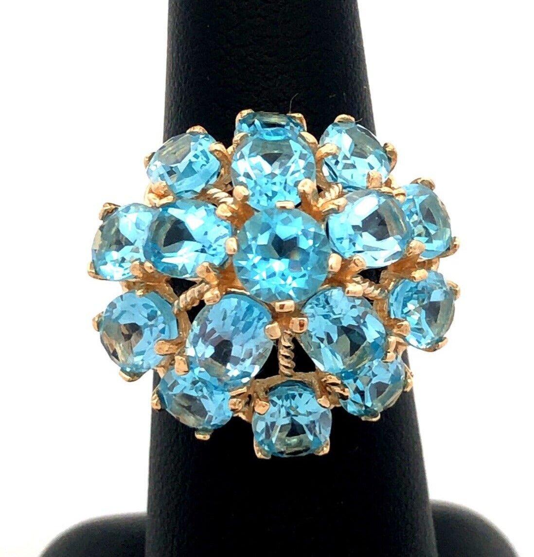 Designer EL 10K Yellow Gold Oval Blue Topaz Round Dome Statement Cocktail Ring