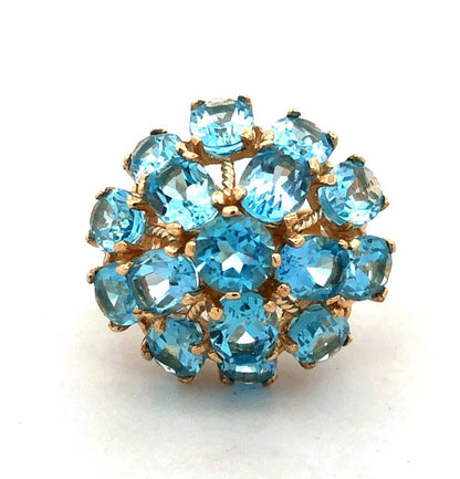 Designer EL 10K Yellow Gold Oval Blue Topaz Round Dome Statement Cocktail Ring