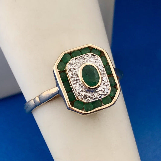 Retro 14K Yellow Gold Emerald Diamond Double Halo May Anniversary Ring