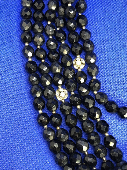 Mid Century Faceted Black Jet Round Rhinestone 6 Strand Layered Collar Necklace