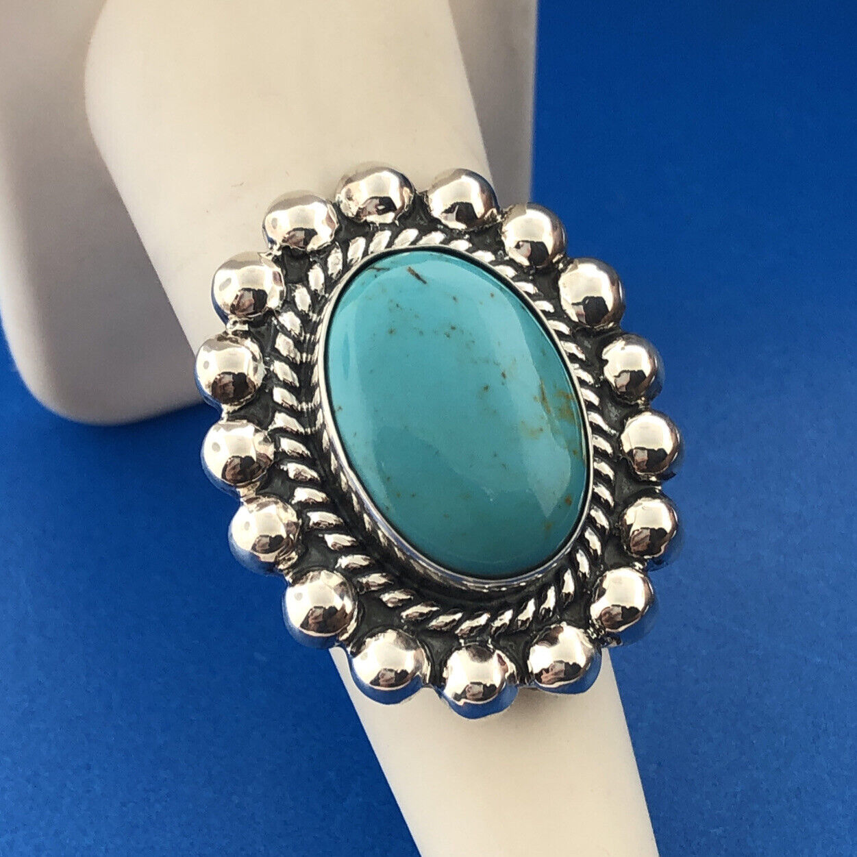 MWS Mexican Sterling Silver 925 Oval Cabochon Turquoise Statement Ring Size 6