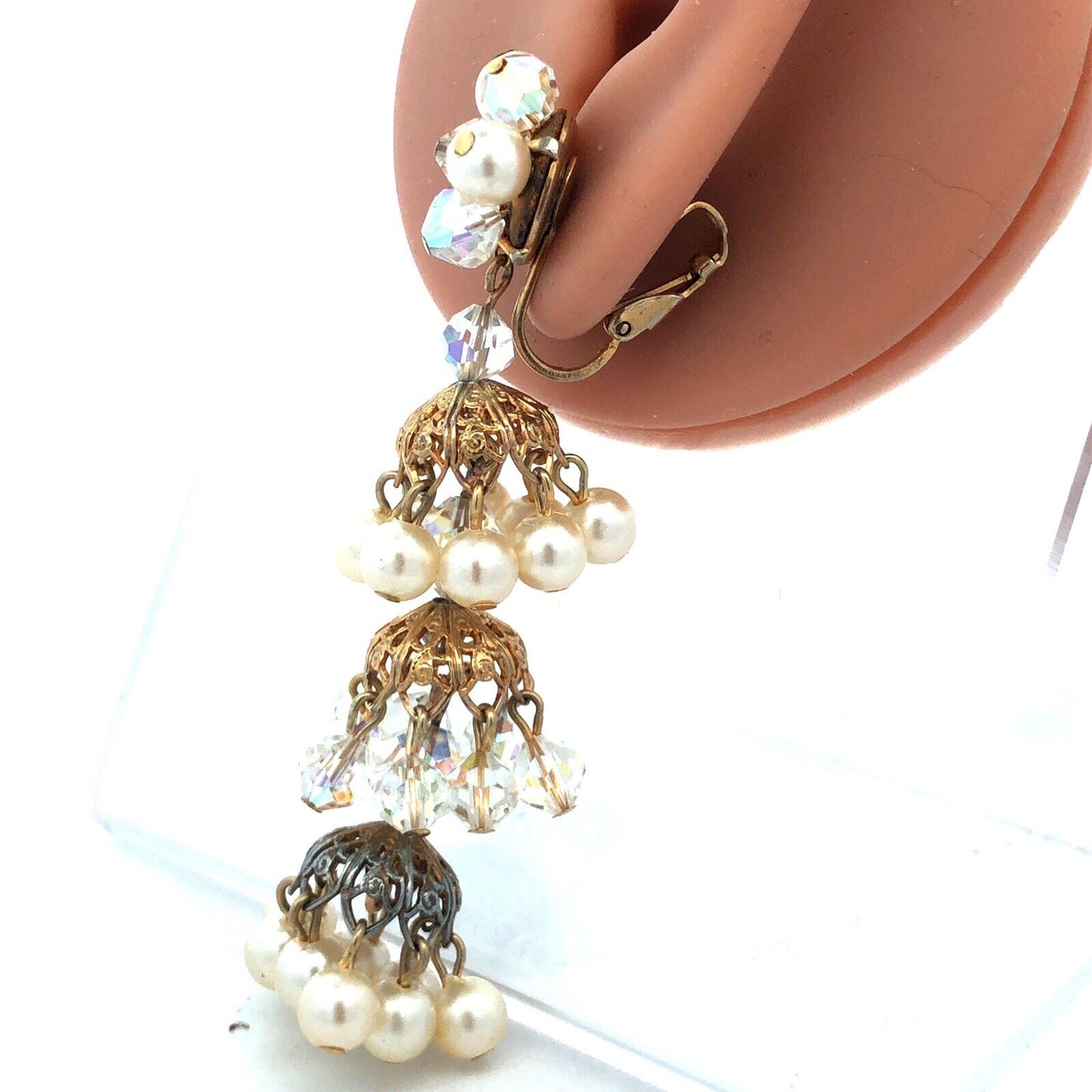 Vintage Gold Tone Faux Pearl Crystal Bead Statement Chandelier Clip On Earrings
