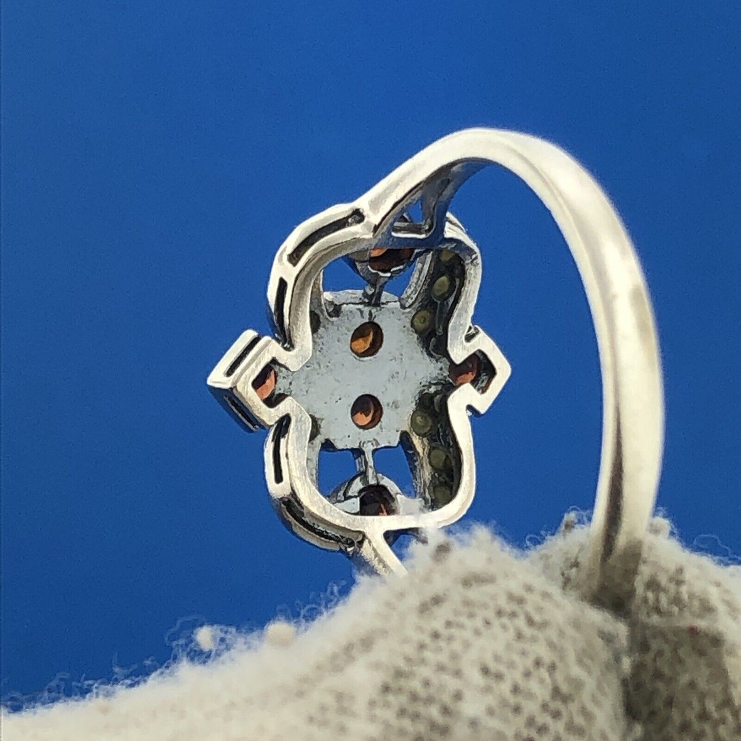 Vintage Sterling Silver 925 Orange Crystal Seed Pearl Fleur De Lis Ring