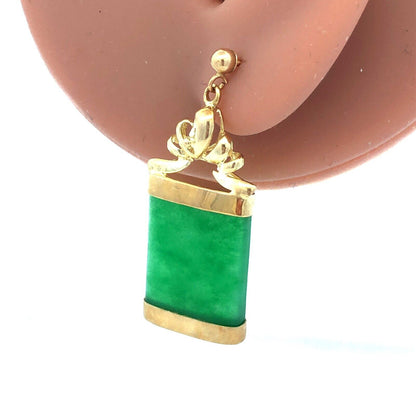 Estate 14K Yellow Gold Green Jade Rectangle Drop Dangle Stud Earrings