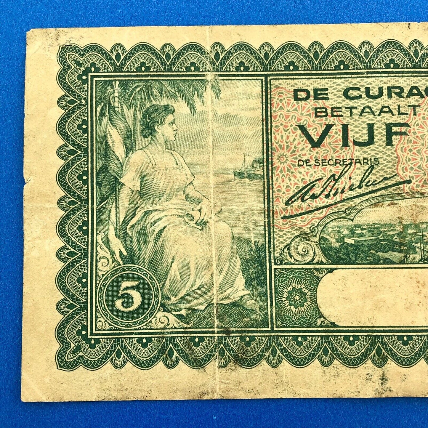 1930 Curacao 5 Gulden De Curacaoshe Bank Dutch Administration Rare Currency Note