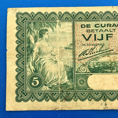 1930 Curacao 5 Gulden De Curacaoshe Bank Dutch Administration Rare Currency Note