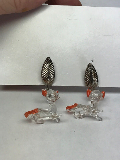 Retro Funky Silver Tone Lucite Bubble Sitting Cat Figurine Drop Dangle Earrings