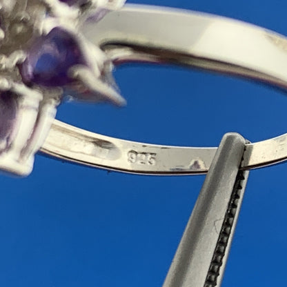 Designer Sterling Silver Amethyst Diamond Flower Cluster February Occasion Ring