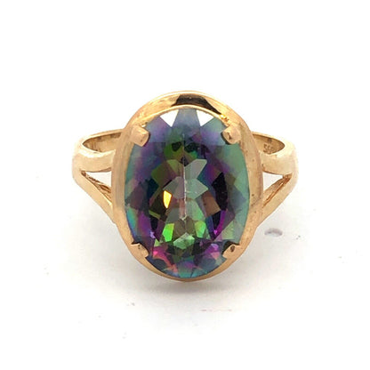 14K Yellow Gold Oval Mystic Topaz Healing Good Luck Power Statement Ring
