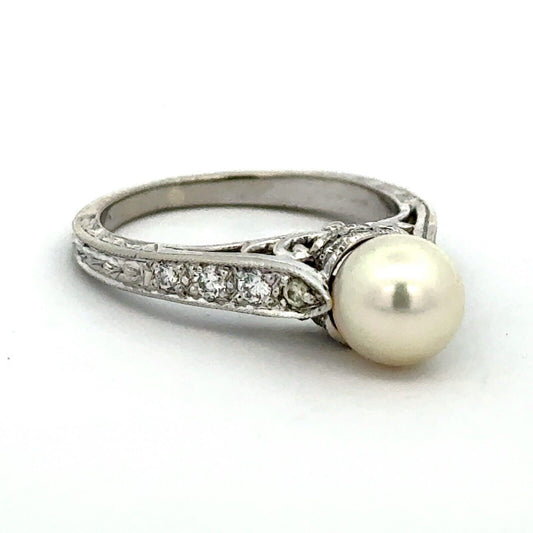 Vintage 14K White Gold Pearl Solitaire Diamond Accented Cocktail Ring