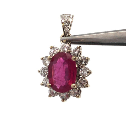 Estate 14K White Gold Oval Ruby Diamond Halo Pendant