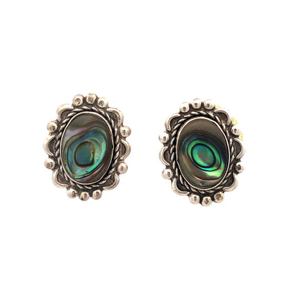 Vintage 925 Sterling Silver Oval Abalone Cabochon Beaded Scroll Stud Earrings