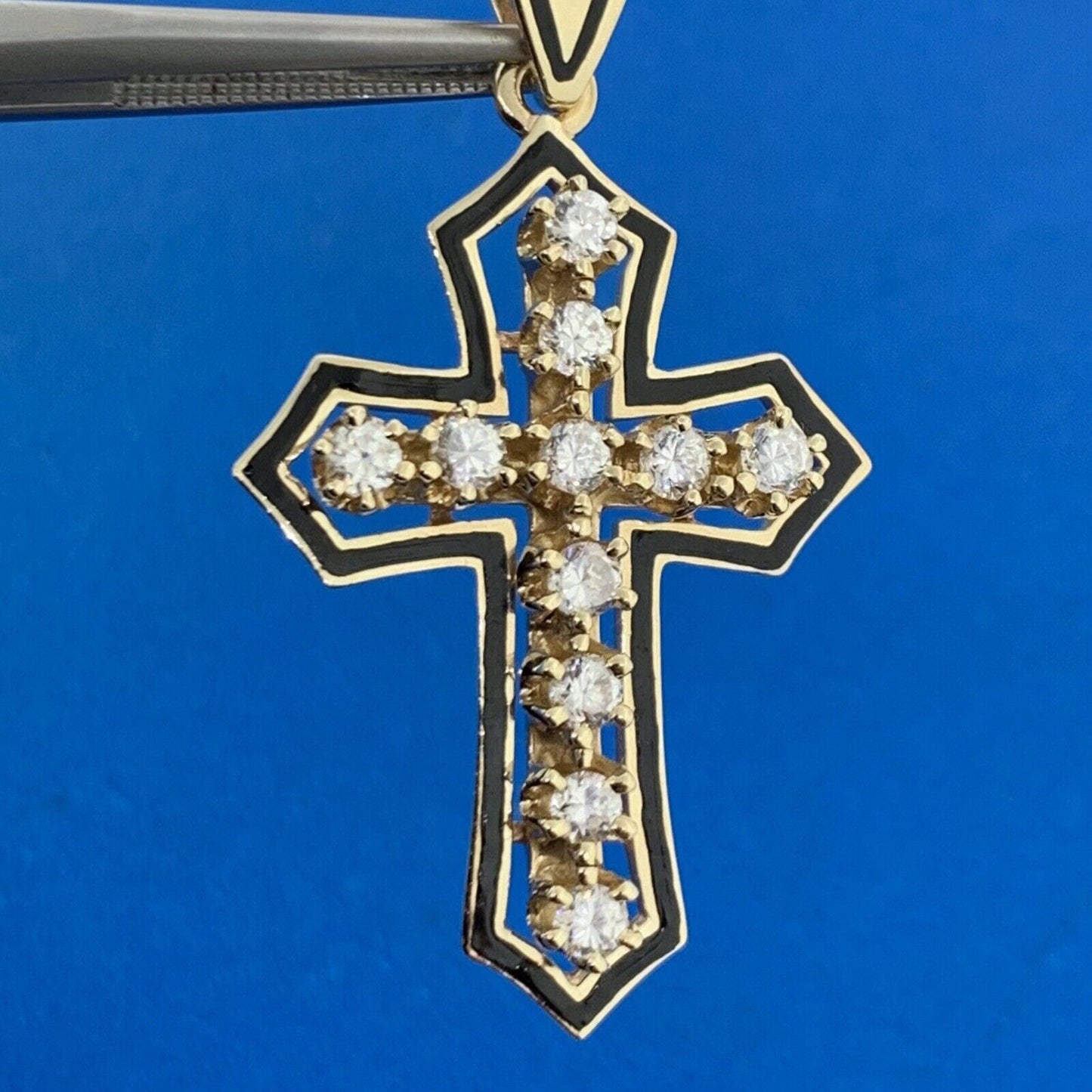 Designer 10K Yellow Gold Cubic Zirconia CZ Black Enamel Statement Cross Pendant