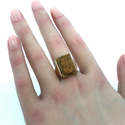 Vintage Men's 10K Yellow Gold Carved Intaglio Tiger's Eye Roman Textured Ring