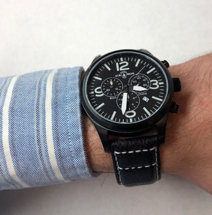 Air Blue Bravo Precision Pilot Mens Watch Chronograph Black Leather Strap In Box