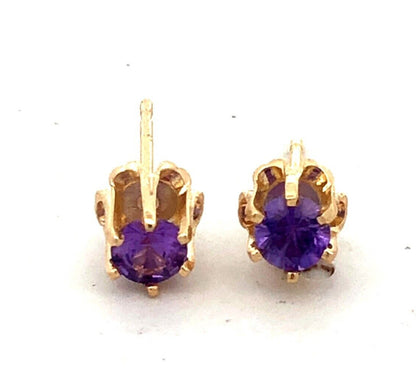 Estate 14K Yellow Gold Purple Sapphire Solitaire Buttercup Flower Stud Earrings