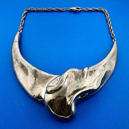 925 Sterling Silver Modernist Wave Figural Statement Choker Necklace