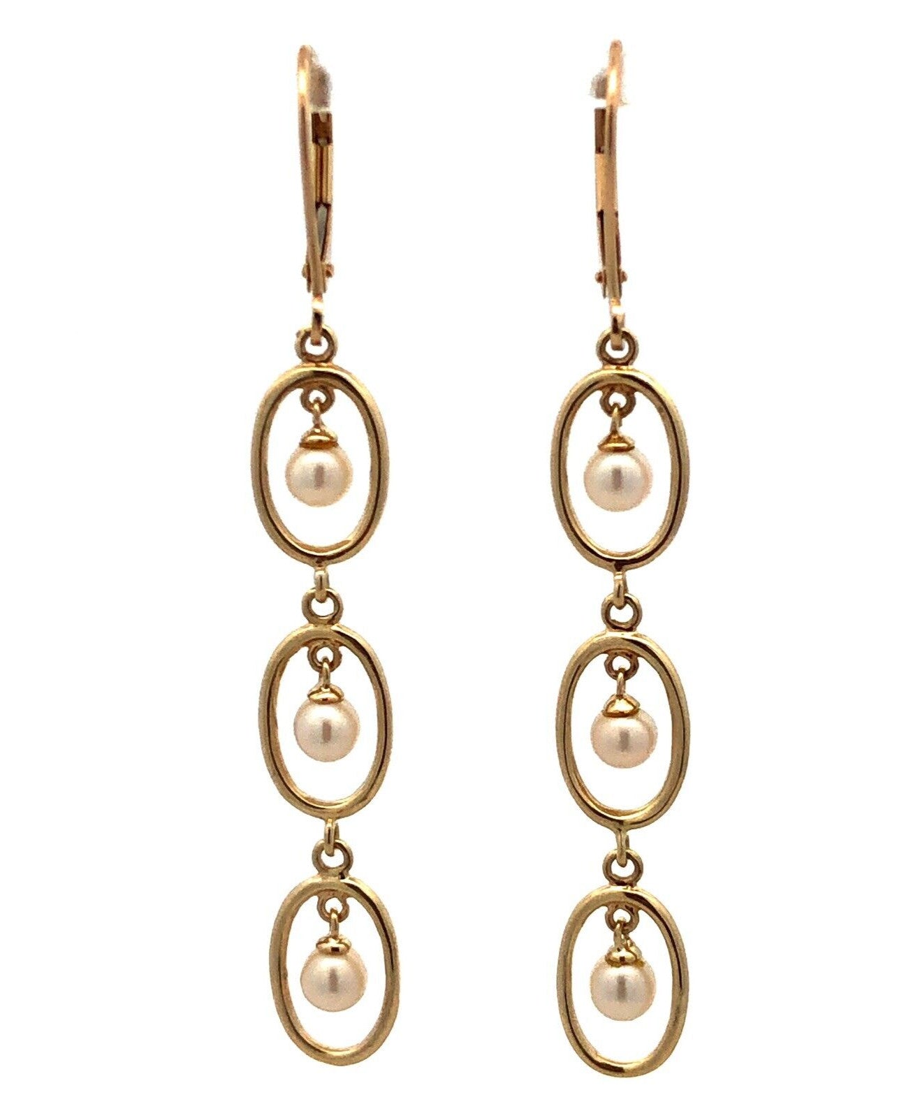Designer 10K Yellow Gold Round White Pearl Oval Dangle Leverback Earrings