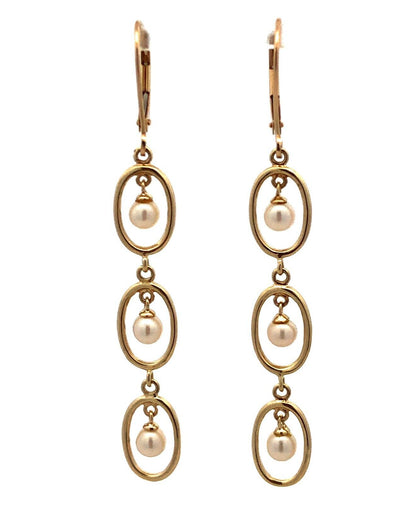 Designer 10K Yellow Gold Round White Pearl Oval Dangle Leverback Earrings