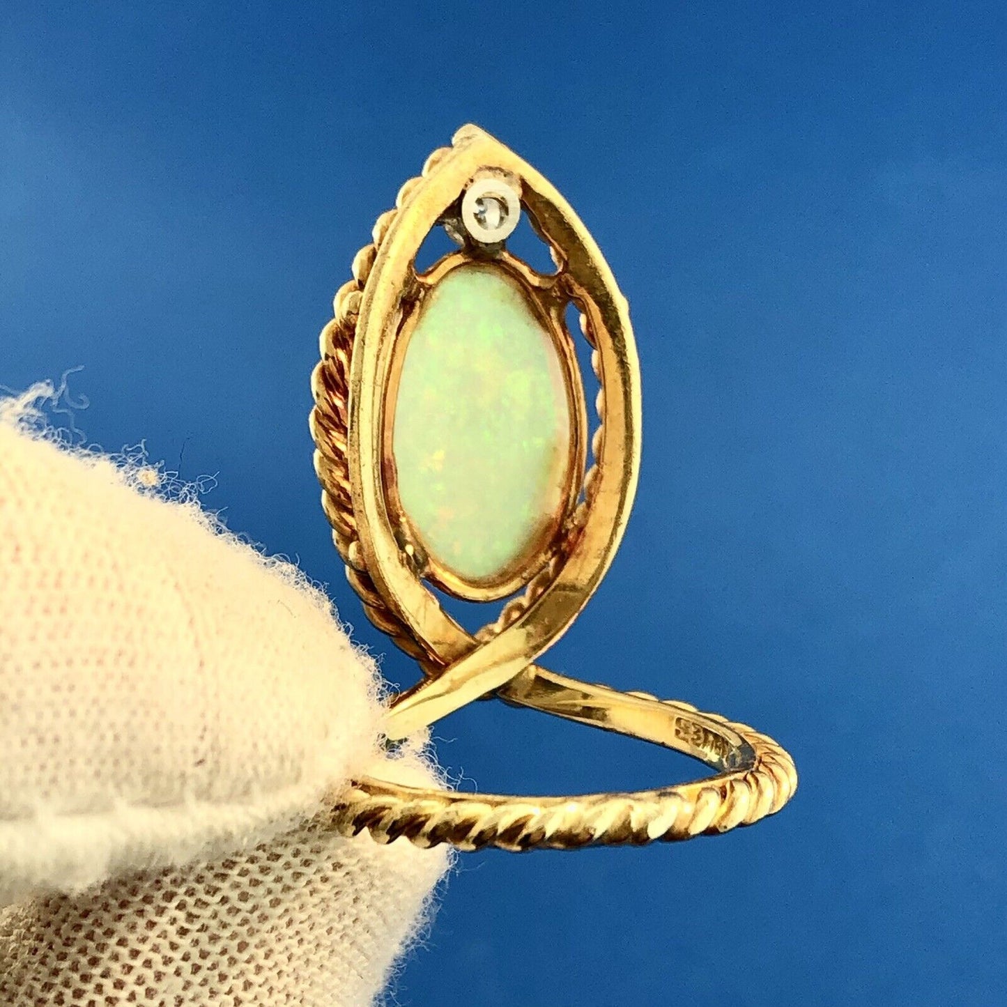 Custom Estate 18K Yellow Gold Oval Opal Diamond Accent Ichthys Statement Ring