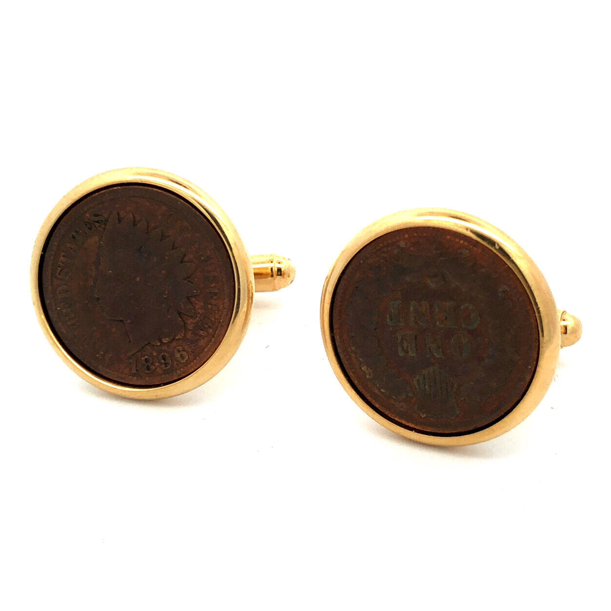 Retro Gold Tone Genuine Indian Head One Cent Penny Men's Round Tuxedo Cuff Links