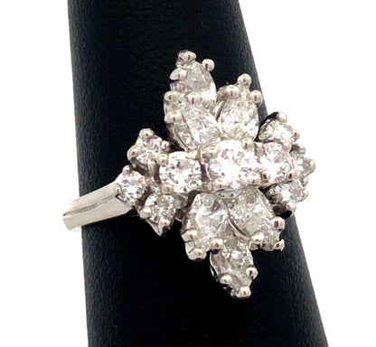 Designer 14K White Gold Round Pear Diamond Oval Cluster Engagement Ring